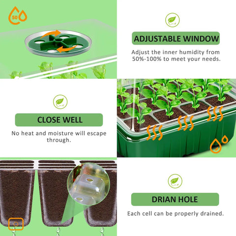 All In One Seed Starter Tray Kit showing adjustable window, close well feature, and drainage holes in thickened trays.
