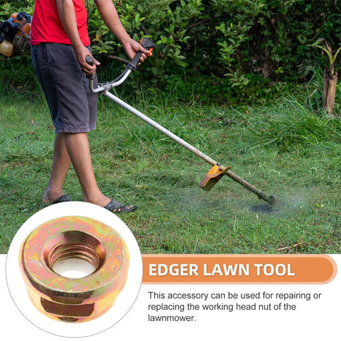 Top Quality 10Pc Reverse Thread Spindle Lock Nuts For Lawn Mower Golden Metal Replacement Wing Bolt Super Durable Quick Install Easy Swap near a user trimming grass.