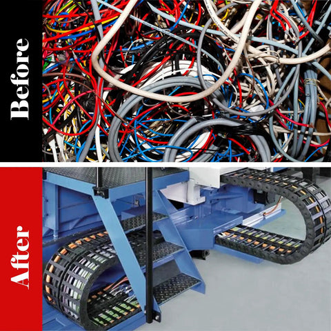 Before and after using 39.3 Inch Closed Type Drag Chain Cable Carrier for CNC routers, organizing wires for industrial machines.