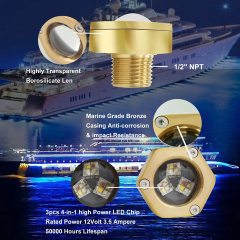 Lit RGBW Boat Drain Plug Lights With Half Inch NPT Fit, marine-grade bronze casing, borosilicate lens, app control, yacht in background.