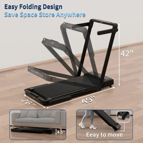 4 In 1 Foldable Walking Pad Treadmill With Incline And Remote Control, compact and easy to store under desk, 42-inch height.