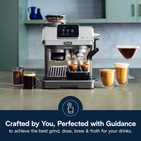 La Specialista Touch Espresso Machine With Grinder And Milk Frother For Home Barista Quality Brews on kitchen counter