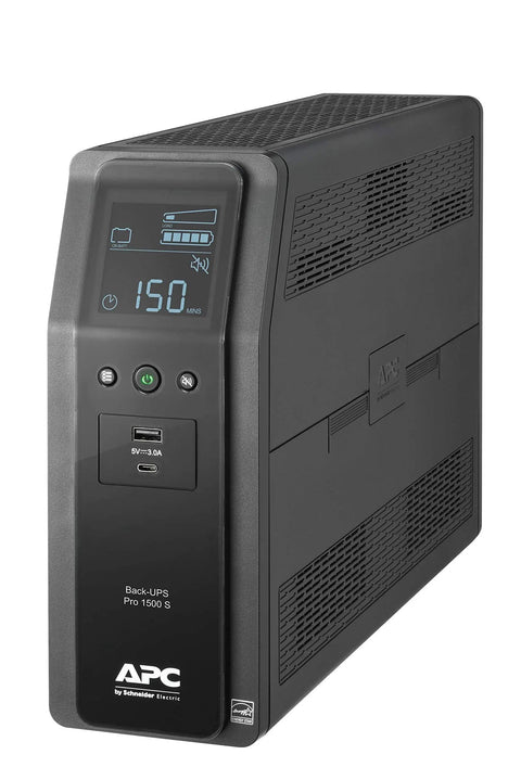 Back-UPS Pro Sinewave UPS 1500VA 900W Battery Backup And Surge Protector With AVR, front view, LCD Display, USB-C port visible