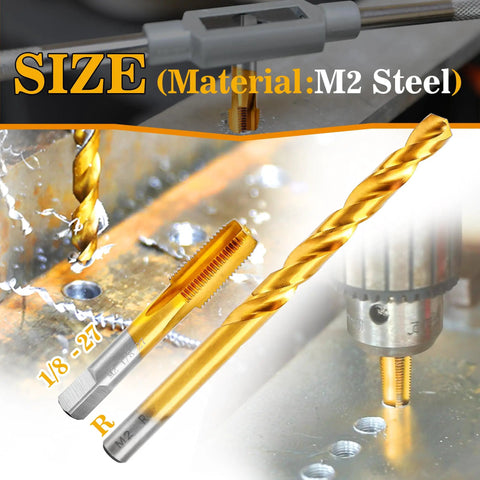 Rugged M2 HSS 1/8-27 NPT Pipe Tap And R Drill Bit Set With Titanium Plating for plumbers, mechanics, DIY thread cutting