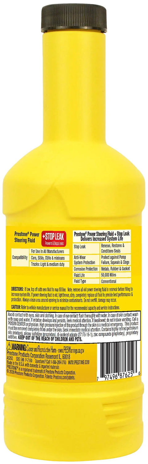 Yellow bottle of Power Steering Fluid With Stop Leak For 50K Mile Life Anti Wear Protection Leak Prevention And Squeal Guard.