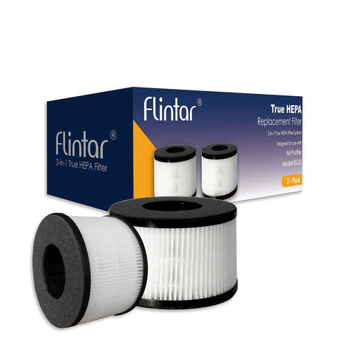 2 Pack Replacement Filter For PARTU And SLEVOO BS-03 HEPA Air Purifier, 3-In-1 Filtration System on box with two cylindrical filters