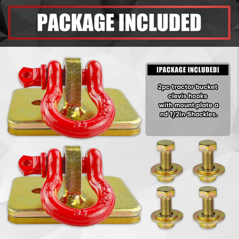 Bull Tough 2 Piece Tractor Bucket Grab Hooks With Half Inch D Ring Shackles And Reinforced Mount Plate For Loader Chain Riggin Up Heavy Loads Yard Work Gold And Red, includes two hooks and mounting hardware.