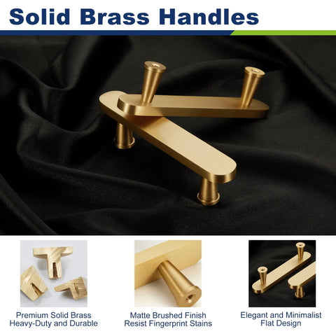 Smooth As Butter Solid Brass Cabinet Pulls 6 Pack Brushed Gold Drawer Handles For Kitchen Cabinets And Dressers 4 Inch Hole Center, top view on black fabric.