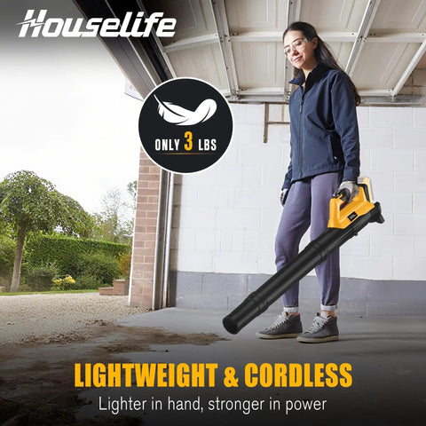 Woman holding Cordless Leaf Blower 400 CFM 130 MPH Handheld Battery Not Included Compatible With 20V MAX Battery for garage cleaning
