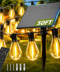 50Ft Solar String Lights Outdoor Dimmable Patio Lights With Remote USB Port 18 Plus 1 LED Bulbs Shatterproof Waterproof