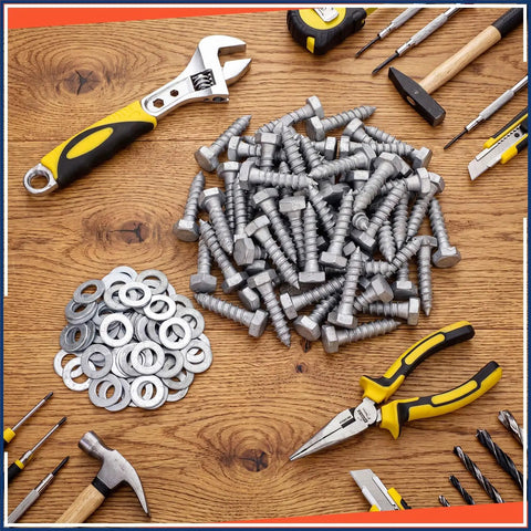 60 Pack Half Inch By Two Inch Lag Bolts And Washers Kit Hot Dip Galvanized Hex Lag Bolts For Heavy Duty Wood Decks And Fences Includes Washers DIY Friendly Easy Pilot Holes Durable Outdoor Hardware pile with tools on wood surface