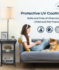 Woman with dog on couch next to 59.5 Inch Floor Lamp End Table With Dope USB And USB C Charging Station Ava White.