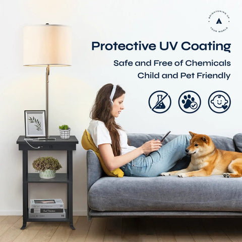 Woman with dog on couch next to 59.5 Inch Floor Lamp End Table With Dope USB And USB C Charging Station Ava White.