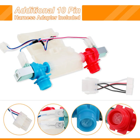Washer Water Inlet Valve Replacement For Whirlpool Amana Crosley Maytag Inglis with red and blue valve components