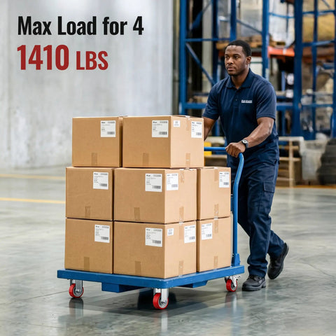 Heavy Duty 3 Inch Caster Wheels Set Of 4 With Thick Steel Brackets And Total Lock Brakes Rated Up To 1410 Lbs Capacity moving boxes on a cart.
