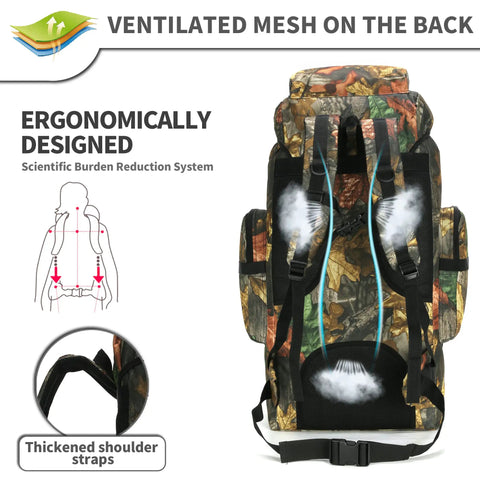 Back view of 70L Tactical Camping Backpack For Outdoor Adventures, Rugged 600D Waterproof Oxford Rucksack With MOLLE, showing straps.