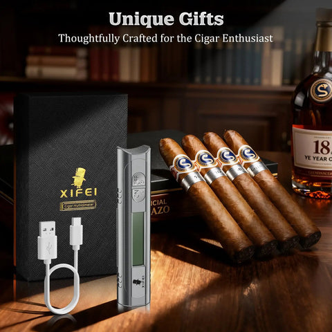 Digital Cigar Hygrometer With LCD Display, Portable Humidity Meter For Humidors, Dual Sensor Probes For Inside Cigars, Real Time Moisture Reading, Built In Stand And Stopwatch, Accurate Cigar Moisture Gauge, Perfect Gift For Real Cigar Nerds Gray on cigars and gift box