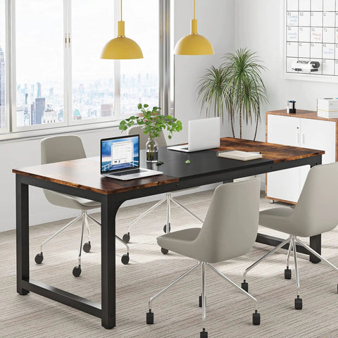 Massive 63-Inch Wide Computer Desk With 31.5-Inch Depth, A Big Home Office Table shown with laptops, chairs, in minimal office
