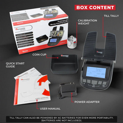 Box content of Pro Grade Money Counting Scale and Bill Counter for Fast Cash Drawer Tally, including calibration weight and guide