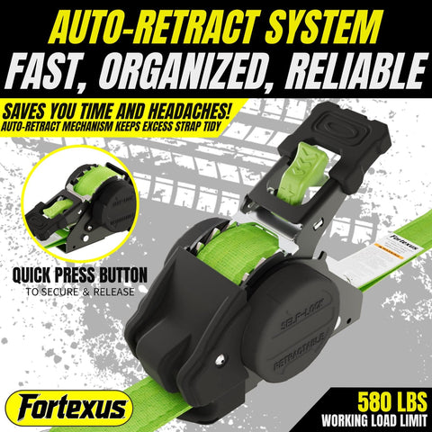Auto Retractable Ratchet Straps 1 Inch By 12 Foot 1760 Pound Break Strength Four Pack Neon Green Tie Downs close-up