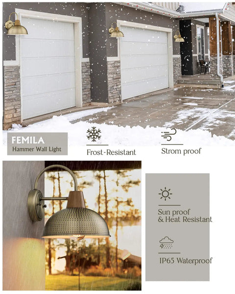 Two Pack Outdoor Wall Lights With Hammered Metal Shade And Gooseneck Arm In Antique Brass Barn Style Sconce mounted on garage