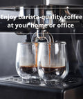 Espresso machine pouring coffee into glasses using 58mm Espresso Tamper And Leveler With Height Indicator, Adjustable Depth Distributor