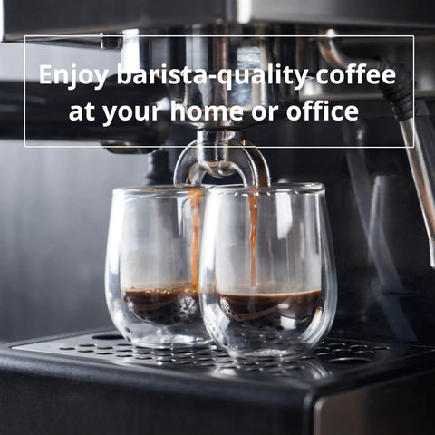 Espresso machine pouring coffee into glasses using 58mm Espresso Tamper And Leveler With Height Indicator, Adjustable Depth Distributor