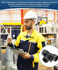 Worker in a workshop checking equipment alongside 6 Pack Black Five Eighths Inch OD Push To Connect Tee Fittings for pneumatic systems.