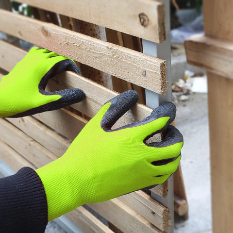 Crinkle Latex Coated Safety Work Gloves For Men And Women Unisex Multi Use Grippy Gloves For Construction Warehouse Gardening Landscaping Assembly All Day Comfort Breathable Knit Liner Large Green 12 Pairs being used on wood slats