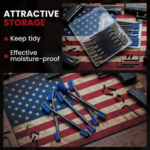 Six Pack Double Ended Gun Cleaning Brushes Set With Brass And Nylon Bristles displayed on American flag background.