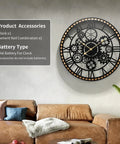Large Farmhouse Wall Clock For Living Room Decor Visible Gear Dial Battery Operated mounted above a leather couch with plush pillows.