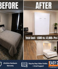 Before and after of a room showing Queen Size Murphy Bed Hardware Kit Featuring Bulletproof Gas Piston Lift Systems and No Sweat Diy Wall Bed Frames.