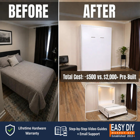 Before and after of a room showing Queen Size Murphy Bed Hardware Kit Featuring Bulletproof Gas Piston Lift Systems and No Sweat Diy Wall Bed Frames.