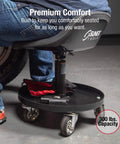 Side view of Telescoping Tractor Seat With Parts Tray, 300 Lb Capacity, showing adjustable height and four heavy-duty caster wheels.