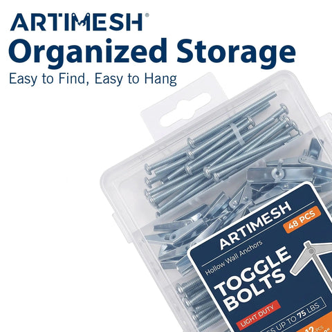 ARTIMESH hollow wall anchors kit in clear box with toggle bolts and screws, 48 pcs, metal, for drywall mounting