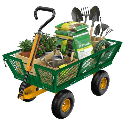 Heavy Duty Steel Garden Cart With 880 Lbs Capacity On Wheels Utility Wagon Removable Mesh Sides Convert To Flatbed Detachable Handle