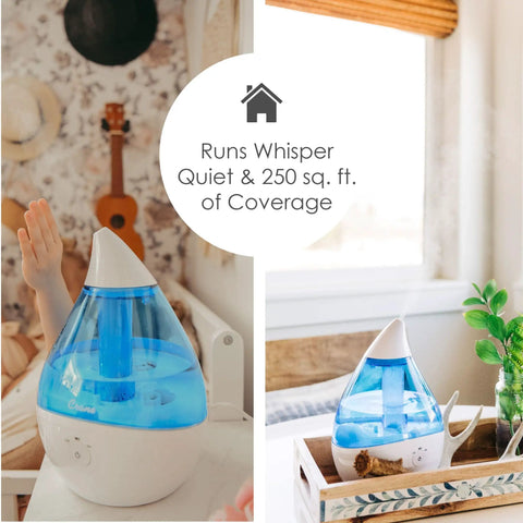 Droplet Ultrasonic Cool Mist Humidifier For Bedroom And Office 0.5 Gallon Mini Humidifier Blue And White Finish in use