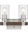 Arabel Vanity Light Fixture in Brushed Nickel with Nutmeg Wood Finish and Clear Seeded Glass Two Light Bath Vanity Bar for Modern Look