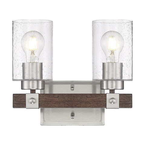 Arabel Vanity Light Fixture in Brushed Nickel with Nutmeg Wood Finish and Clear Seeded Glass Two Light Bath Vanity Bar for Modern Look