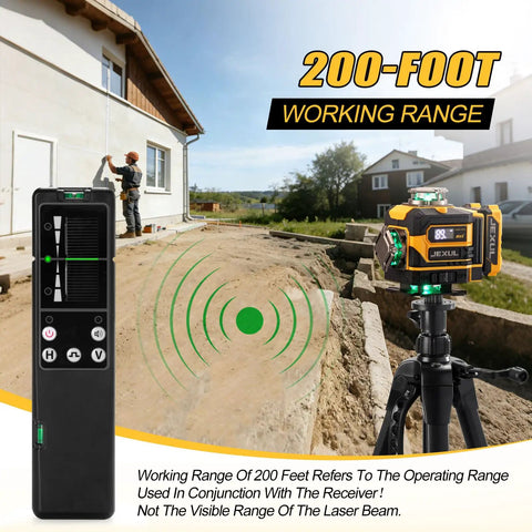 16 Line Laser Level Kit With 4D Self Leveling And Receiver Extends To 200ft For Indoor Layouts And Outdoor Fencing Decking Projects, High Precision Leveling Tool For DIY And Pros. 200-foot receiver and remote shown outdoors
