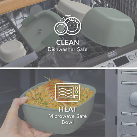 Salad On The Go Meal Prep Kit With 54 Oz Bowl Four Compartment Toppings Tray Leak Proof Dressing Container Reusable Fork BPA Free Lunch Box Removable Bento Tray Khaki Green shown in dishwasher and microwave