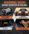 Warning signs of failing brake booster including leaking fluid, increased braking distance, ABS light, and stiff brake pedal.
