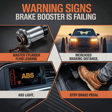 Warning signs of failing brake booster including leaking fluid, increased braking distance, ABS light, and stiff brake pedal.