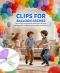 Fifteen Pack Clear Balloon Arch Clips With Boss Level Grip For Backdrop Parties And Studio Photos, clear clips holding colorful balloons.