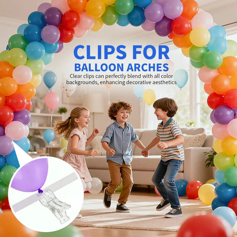 Fifteen Pack Clear Balloon Arch Clips With Boss Level Grip For Backdrop Parties And Studio Photos, clear clips holding colorful balloons.