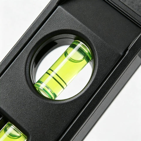 Close-up of a 3 bubble acrylic vial in the Magnetic Torpedo Level 6 Inch, 3 Bubble Spirit Measuring Tool.