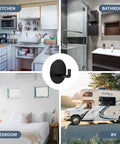 Collage showing Heavy Duty Waterproof Adhesive Hook in kitchen, bathroom, bedroom, and RV settings, 304 stainless steel, black, 6 lb capacity, 4 pack.
