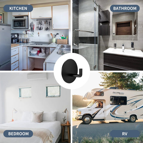 Collage showing Heavy Duty Waterproof Adhesive Hook in kitchen, bathroom, bedroom, and RV settings, 304 stainless steel, black, 6 lb capacity, 4 pack.