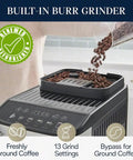 Renewed Espresso Machine with built-in burr grinder, pouring coffee beans, features 13 grind settings for fresh crema.