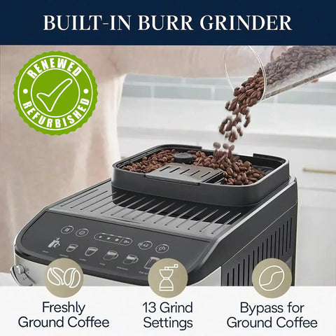 Renewed Espresso Machine with built-in burr grinder, pouring coffee beans, features 13 grind settings for fresh crema.